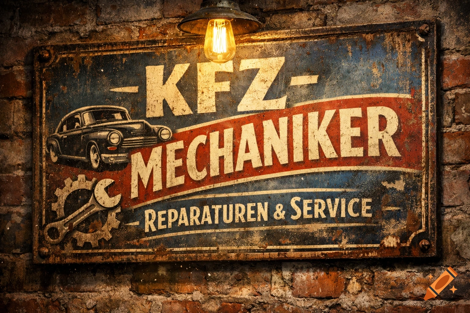 A vintage, distressed metal sign for an auto mechanic, featuring a classic car, gear, and wrench, lit by an Edison bulb on a brick wall.