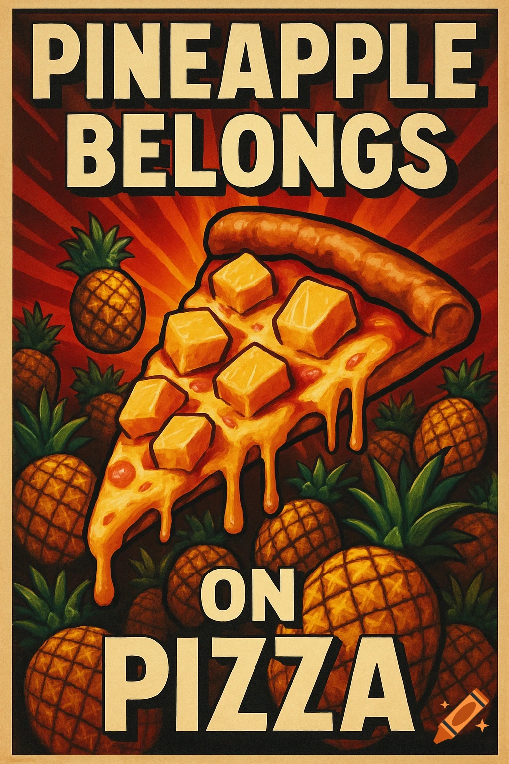 A dramatic propaganda poster in a vintage style declares "PINEAPPLE BELONGS ON PIZZA" above and below a large slice of pineapple pizza surrounded by whole pineapples.