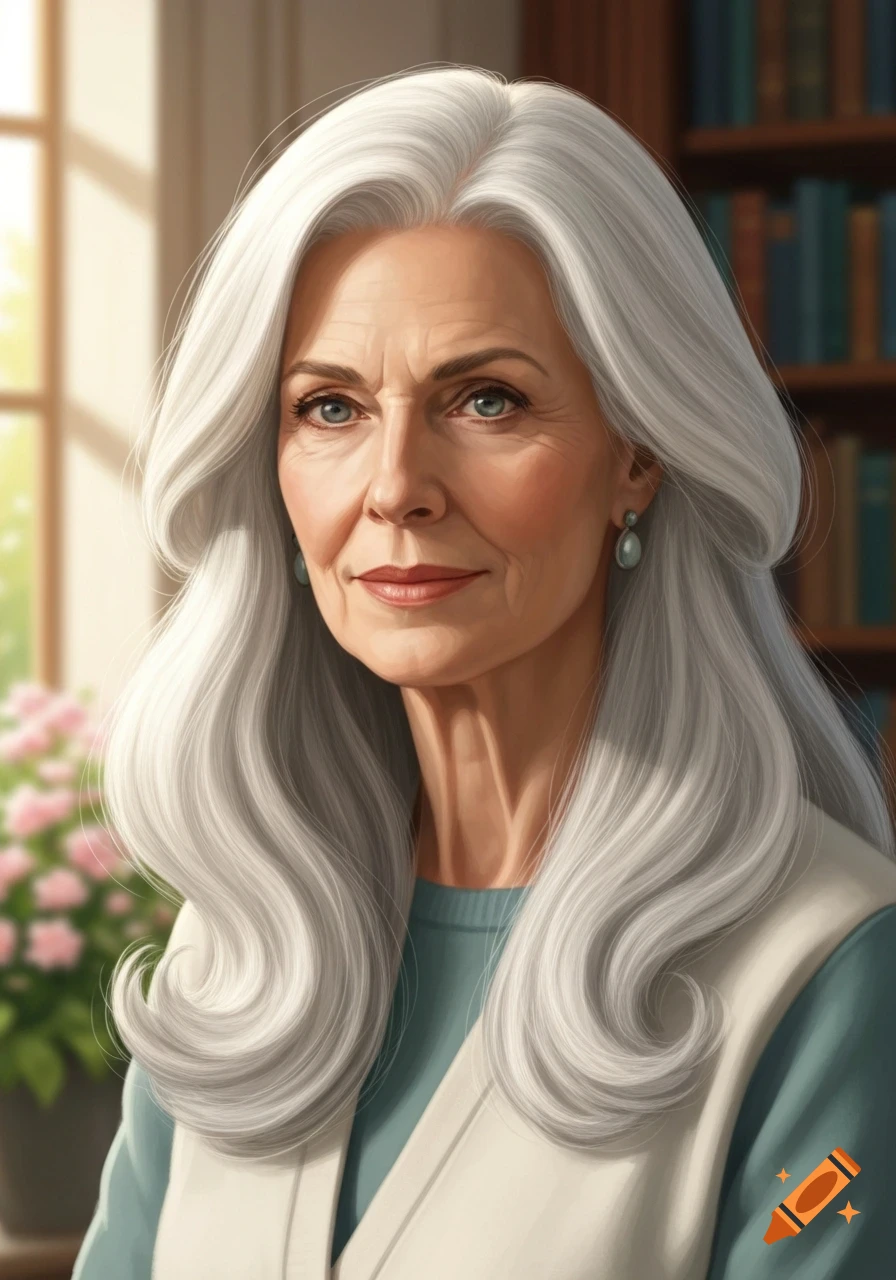 Elegant older woman with long flowing white hair, blue eyes, and light makeup, wearing a blue top and white vest, in a sunlit room.