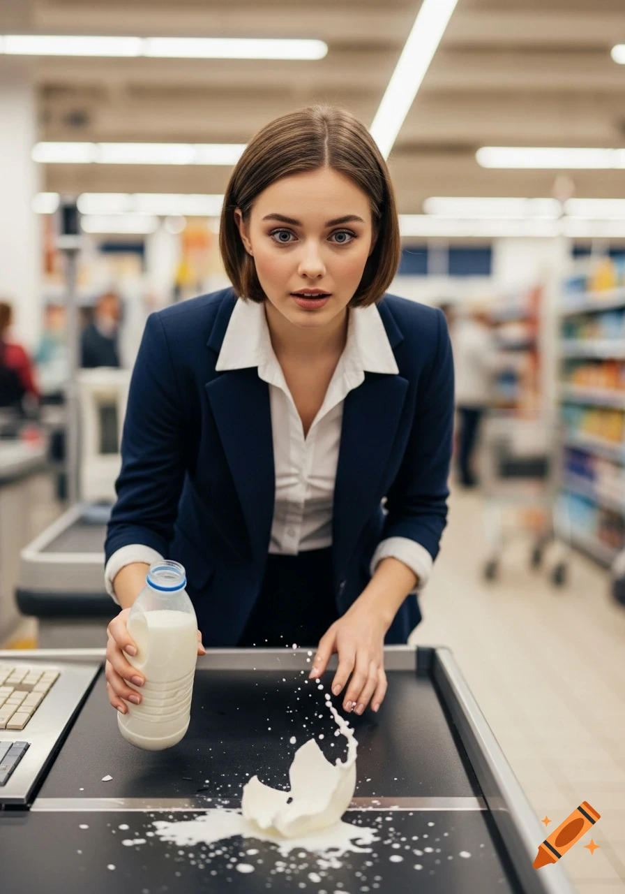 A young woman with a bob haircut looks surprised as she spills a bottle of milk at a supermarket checkout, creating a splash.