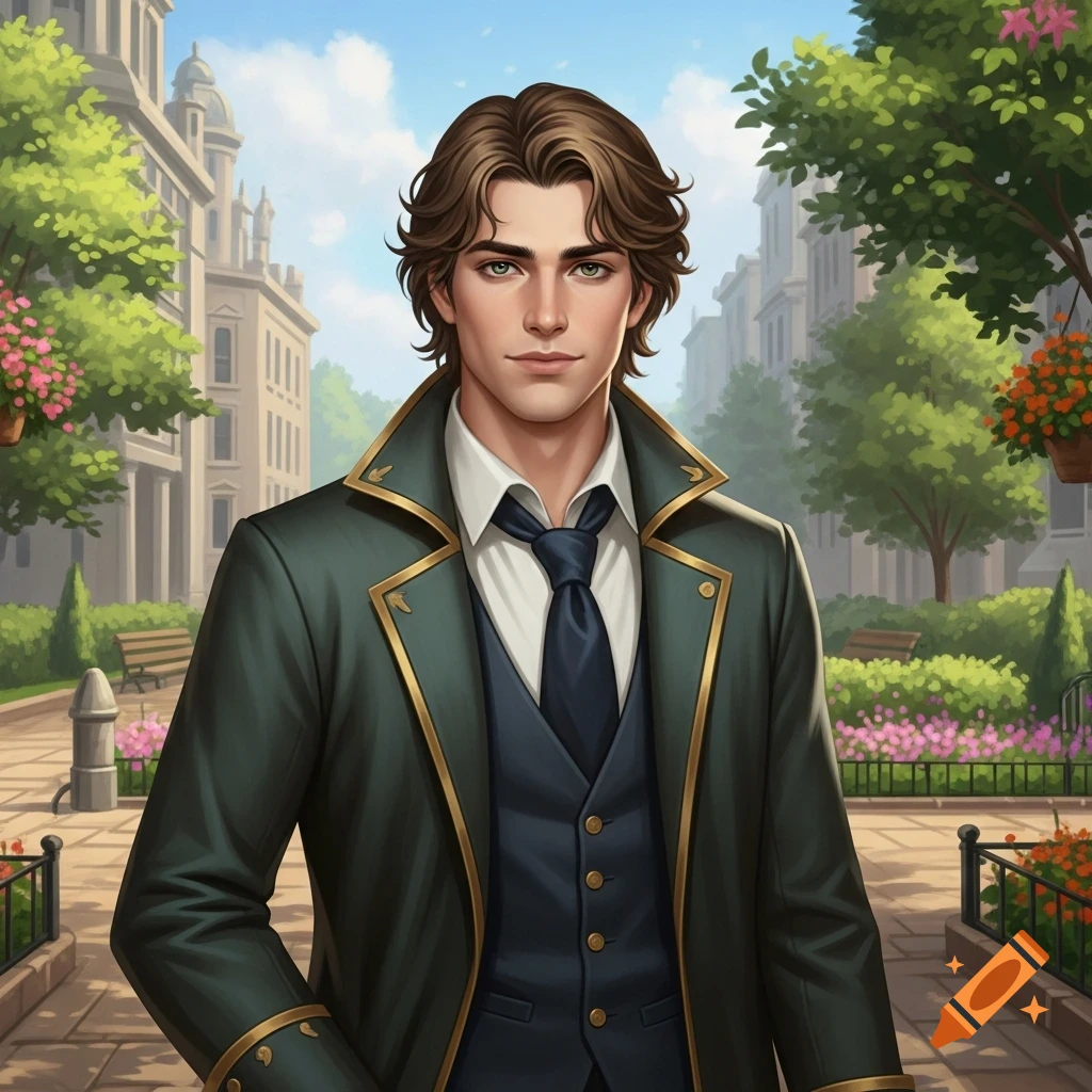 An illustrated young man with wavy brown hair, green eyes, and a green coat, stands in an urban garden with buildings.