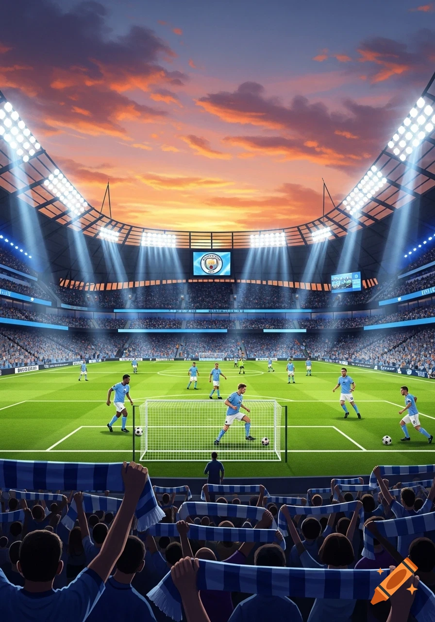An illustrated view of a Manchester City FC football match in a brightly lit stadium at sunset, with fans cheering.