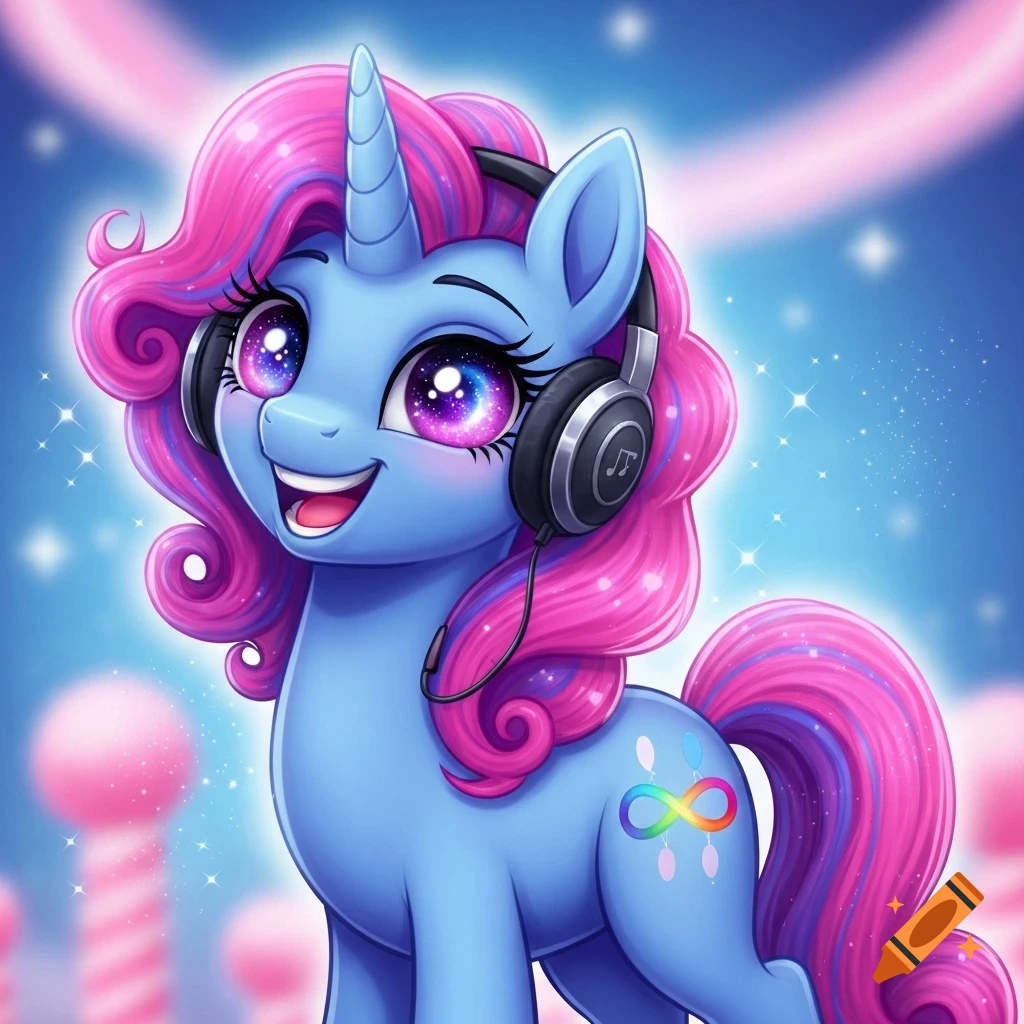 Chibi MLP-style blue unicorn with pink-purple hair, galaxy eyes, headphones, and a rainbow infinity cutie mark, smiling against a sparkling blue background.