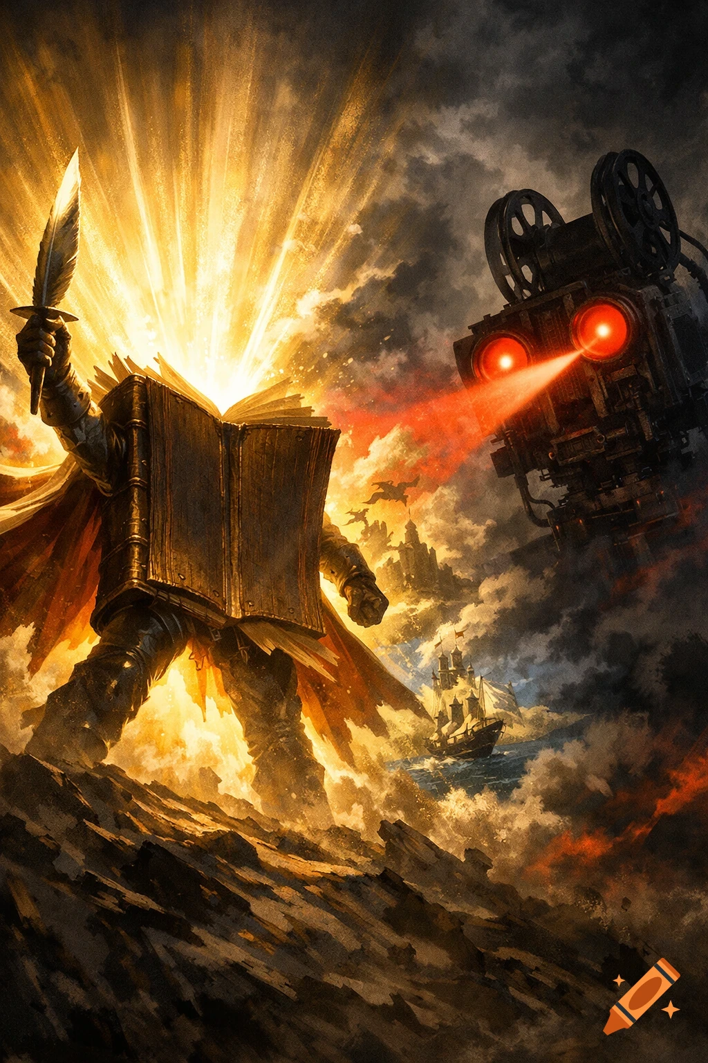 A heroic, glowing book-figure holding a quill sword battles a menacing projector robot firing red laser beams on a fiery landscape.