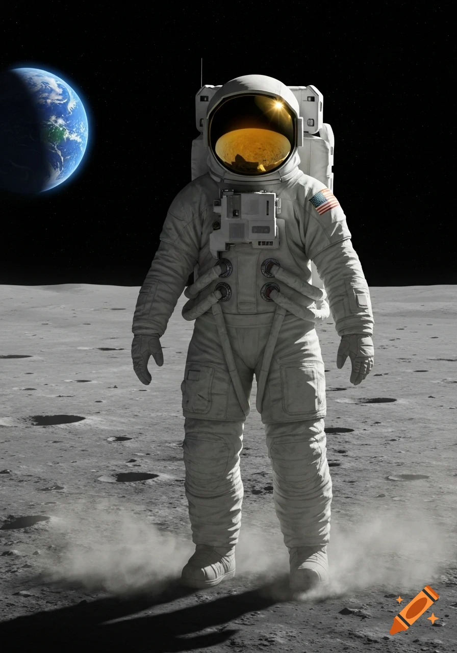 An astronaut in an Apollo A7L spacesuit stands on the lunar surface, with Earth visible against the dark sky.