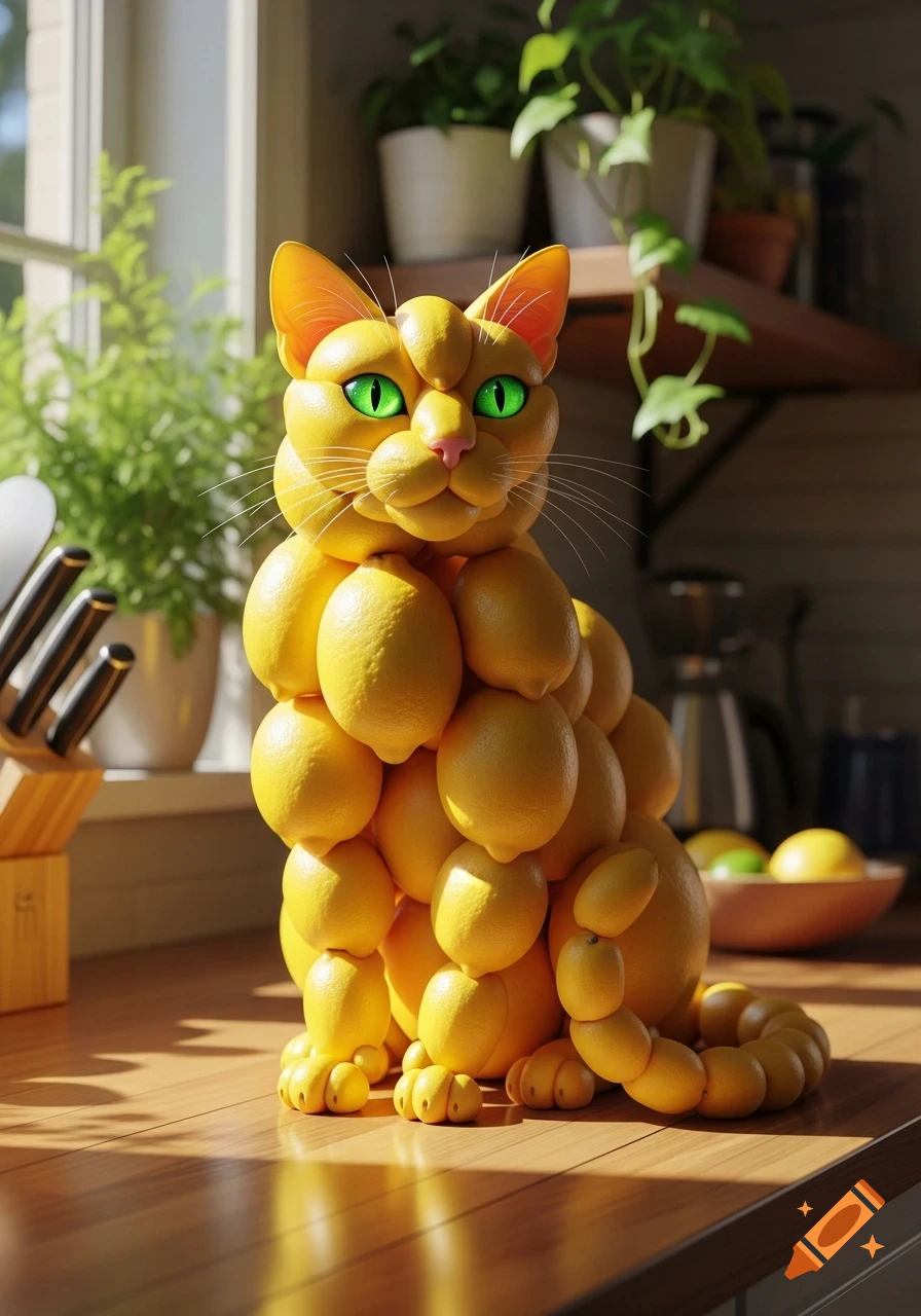 A realistic yellow cat sculpture made entirely of lemons with bright green eyes, sitting on a sunlit wooden kitchen counter.