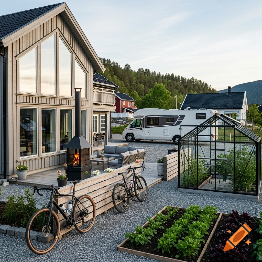 A modern grey house with large windows, a deck with an outdoor fireplace, a gravel garden with vegetable beds and a greenhouse, two gravel bikes, and a white RV in the driveway, set against a backdrop of forested hills in Norway.