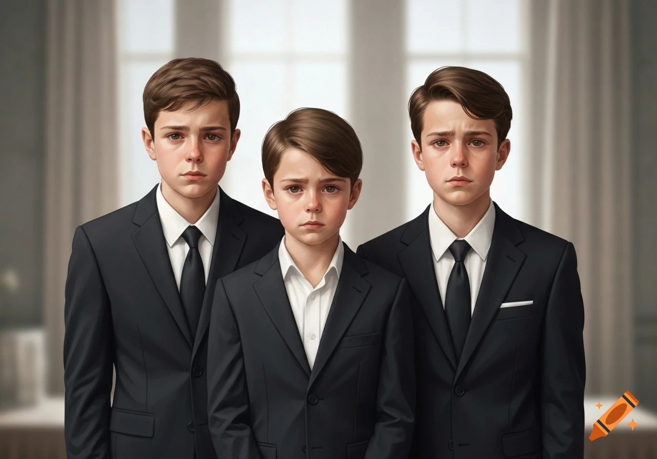 Three photorealistic young boys with sad expressions, dressed in black suits and ties, stand in a formal portrait.