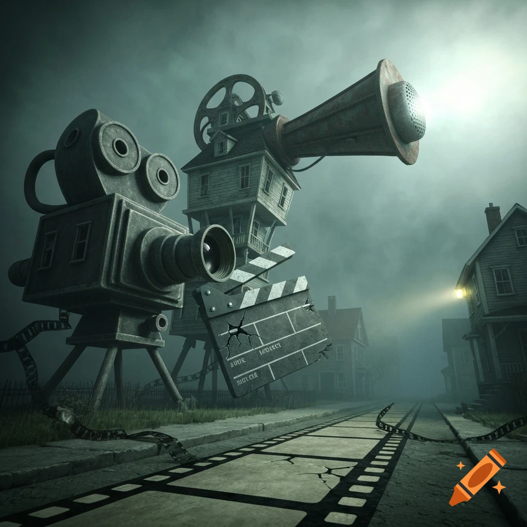 A dark, atmospheric image of a street with houses shaped like an old movie camera and boom pole, and a clapperboard floating in the foreground. The street is made of film strips.