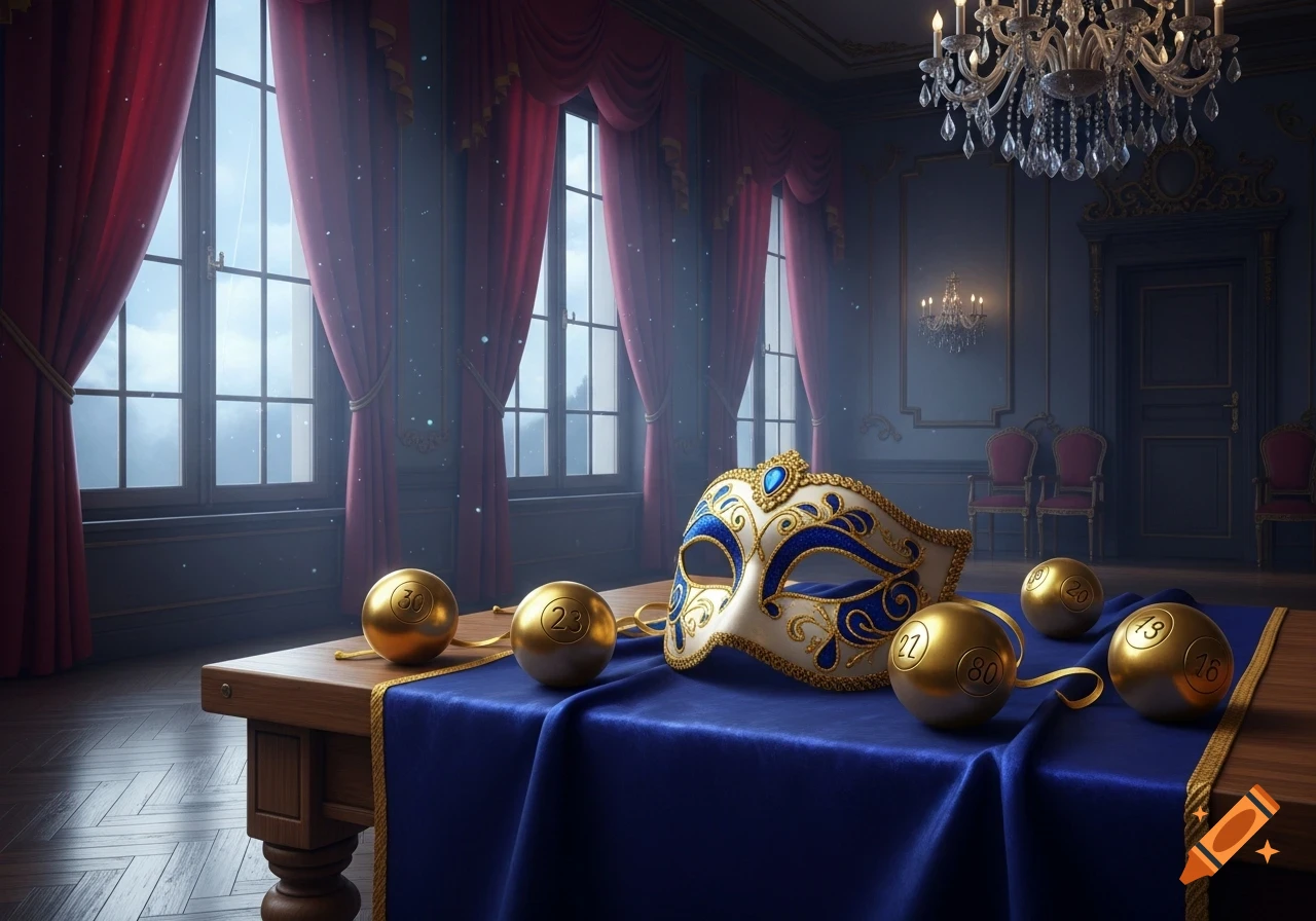 A blue and gold masquerade mask, and golden lottery balls with numbers on a table with a blue cloth, in an opulent room with chandeliers and large windows.