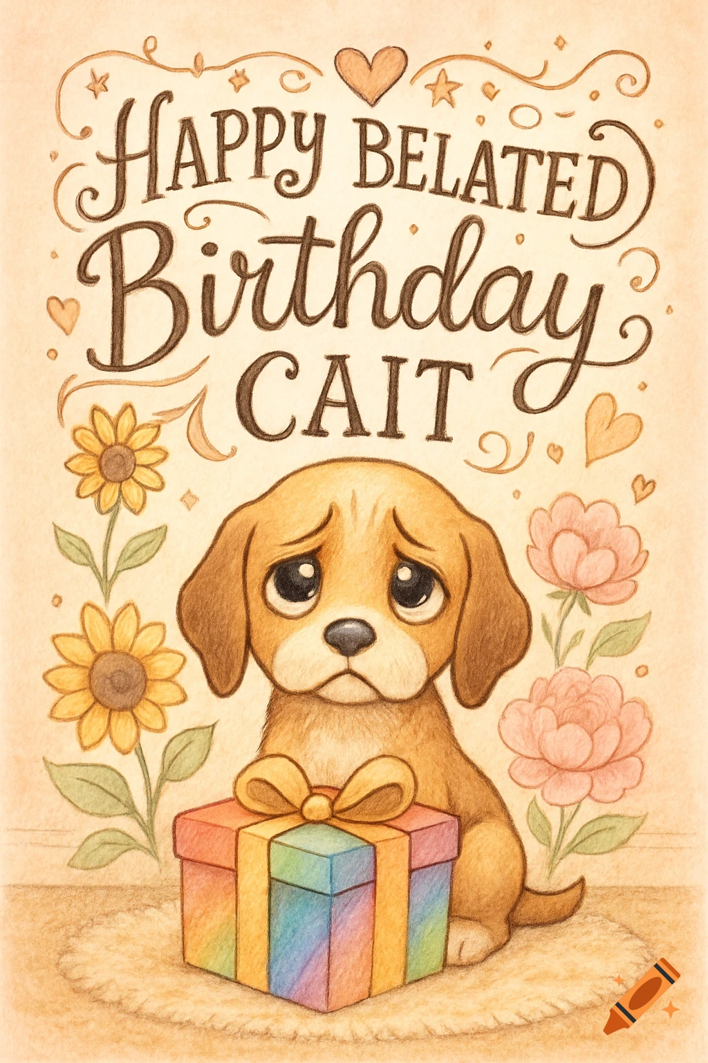 A cute, sad puppy with big eyes sits next to a rainbow gift box below "Happy Belated Birthday Cait" text, surrounded by flowers, in an illustration.