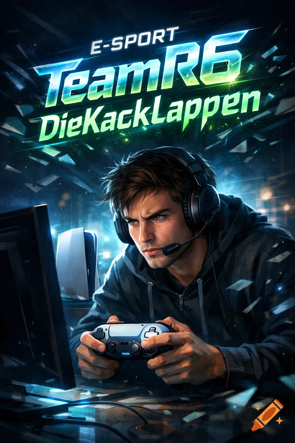 An intense, dark-haired male gamer with a headset and microphone, wearing a black hoodie, focused on playing a video game on a console with a controller, against a dark, futuristic background. Text in the image reads 'E-SPORT TeamR6 DieKackLappen'.