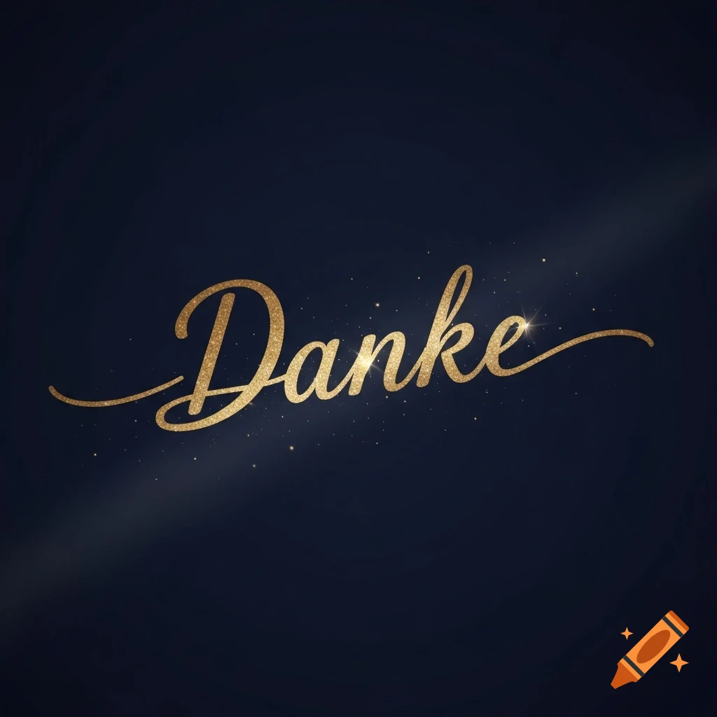 The word 'Danke' in shimmering golden cursive on a dark blue background with subtle light rays and sparkles.