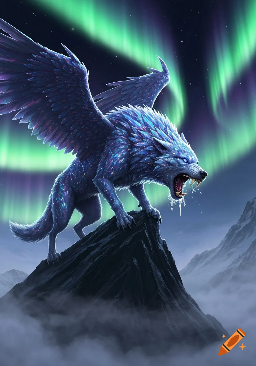 A majestic winged blue wolf with crystal fur stands roaring on a mountain peak under a vibrant green aurora borealis, in a fantasy art style.