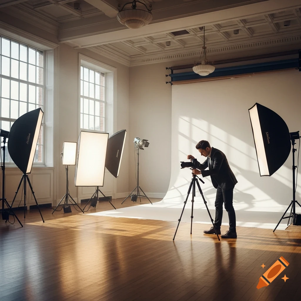 A photographer adjusts a camera on a tripod in a spacious, well-lit photography studio equipped with softboxes and strobe lights.