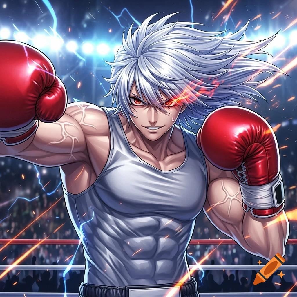 Anime male boxer with white hair, red eyes, red boxing gloves in a ring with electric effects.