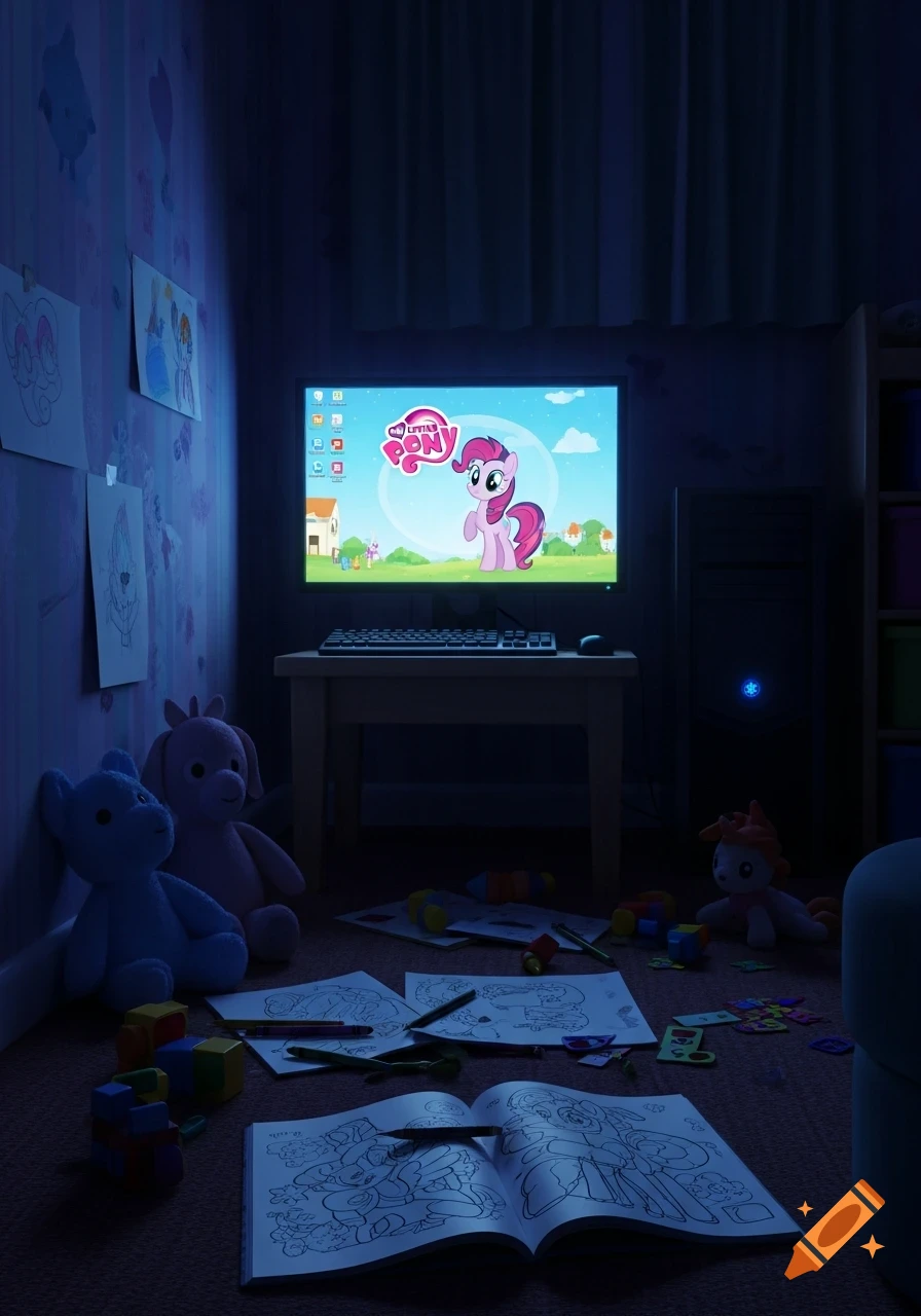A dark, messy child's room illuminated by a computer screen displaying a My Little Pony desktop, with toys and coloring pages on the floor.