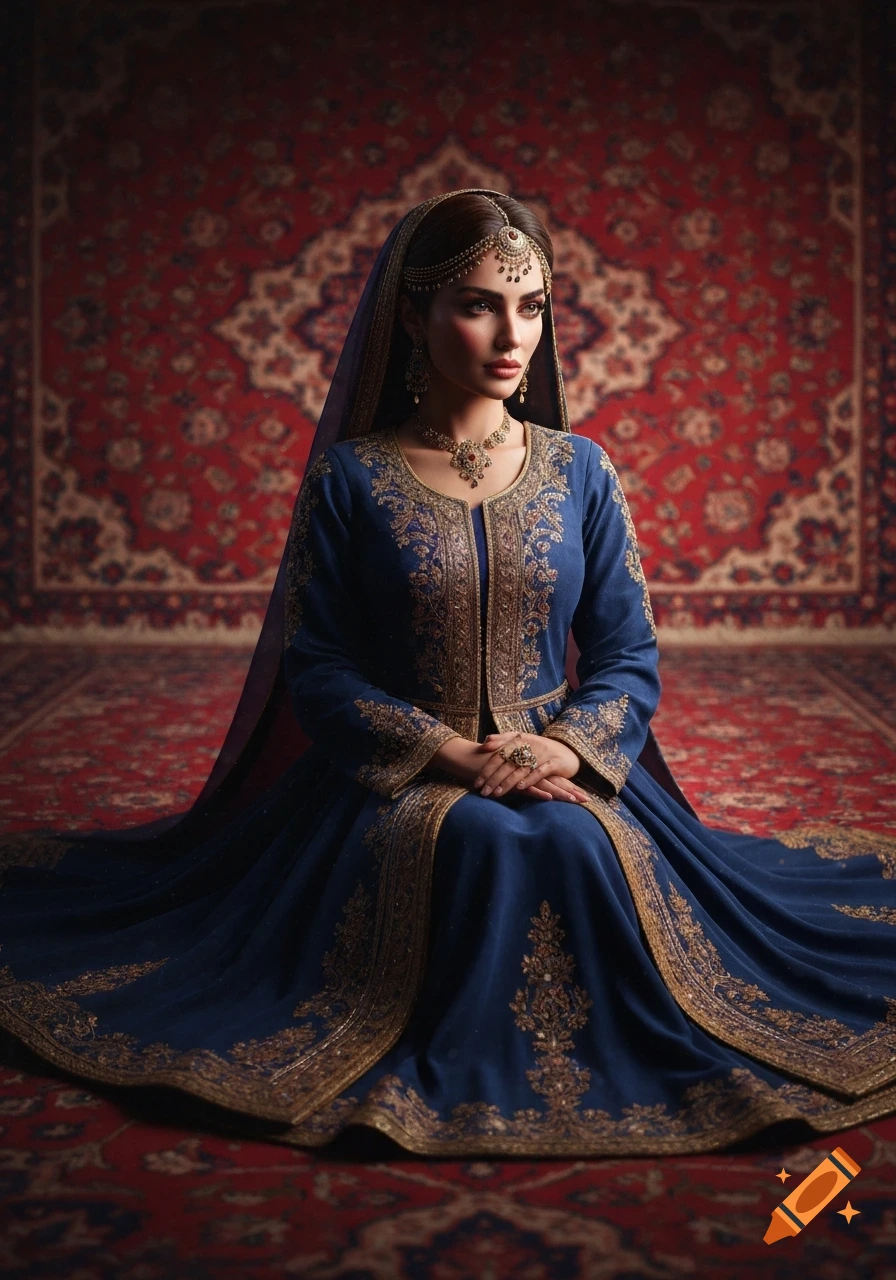 Photorealistic portrait of a woman in an elaborate blue and gold Persian luxury dress, jeweled, seated on a red Persian carpet.