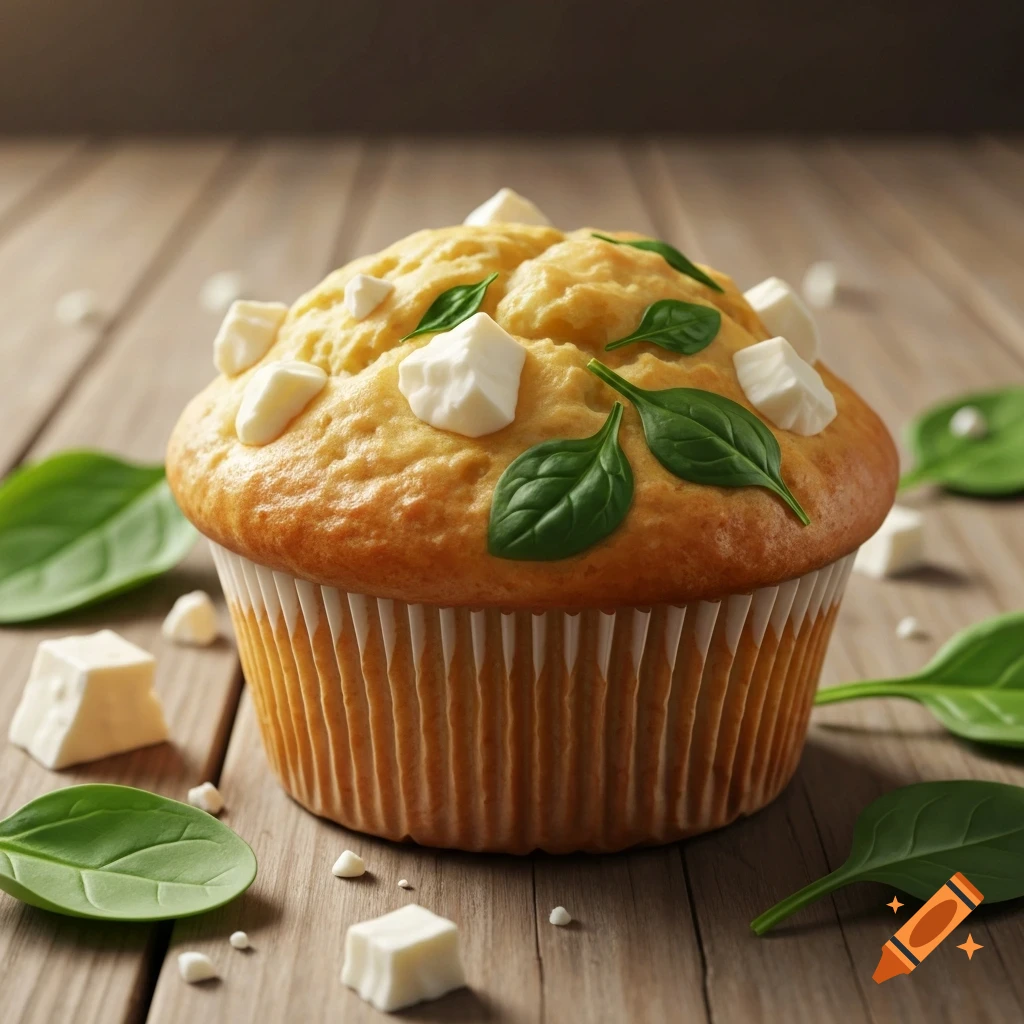 A savory muffin topped with chunks of white feta cheese and fresh green spinach leaves on a rustic wooden table.