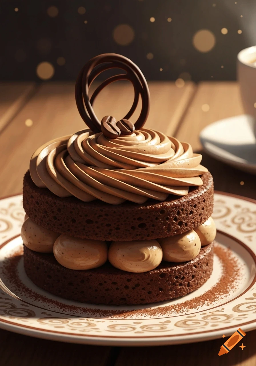 A two-layer chocolate coffee cake with piped coffee cream frosting, a chocolate swirl, and two coffee beans on top, served on a patterned plate.