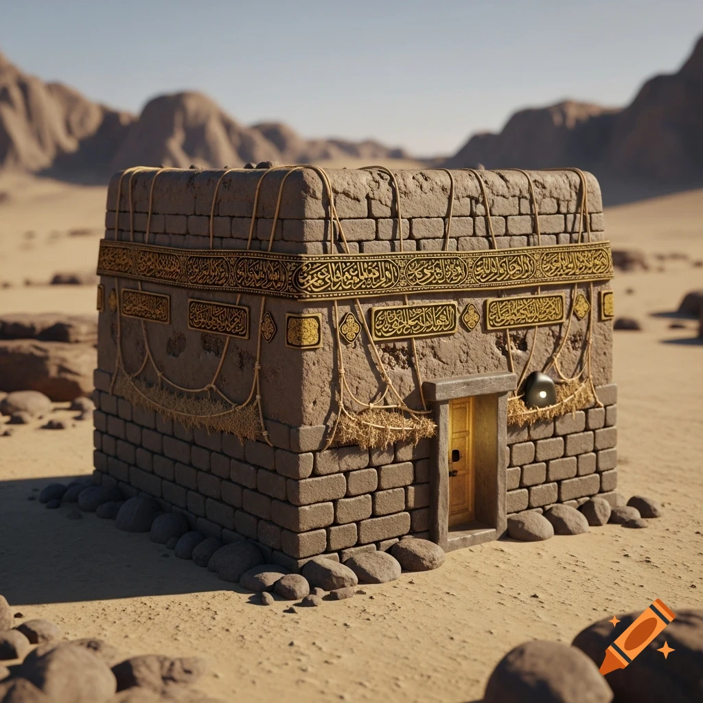 A hyper-realistic cubical structure resembling the ancient Kaaba made of rough stones and earth blocks in a desert landscape.
