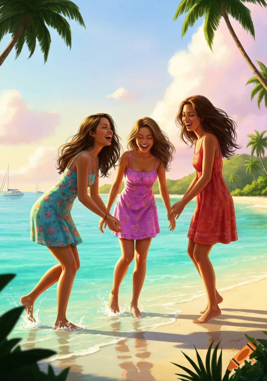 Three smiling young women in sundresses wade and laugh in the clear blue ocean water on a sunny tropical beach with palm trees.
