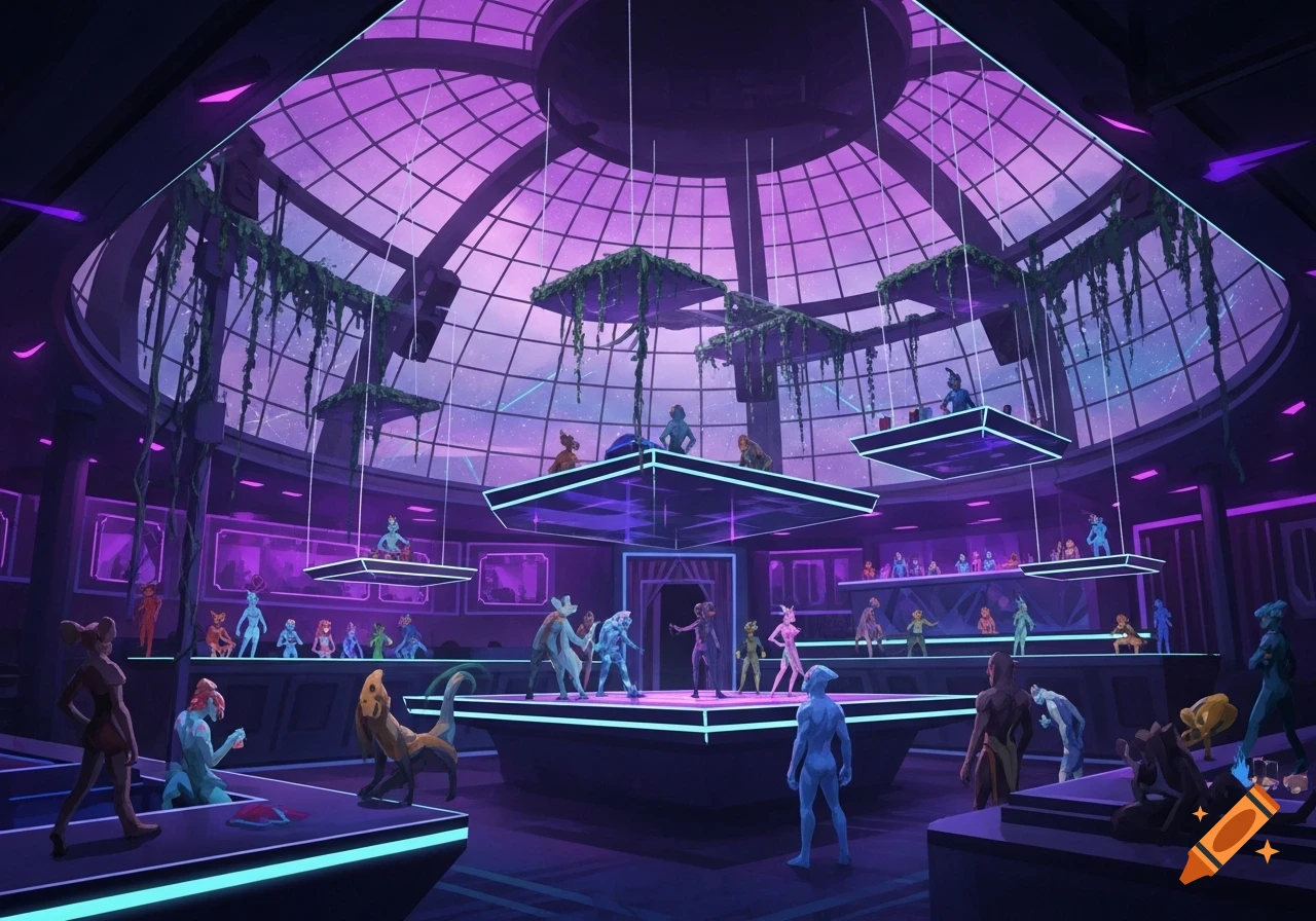 Futuristic purple and blue nightclub with diverse alien creatures dancing on multiple glowing platforms under a starry dome.
