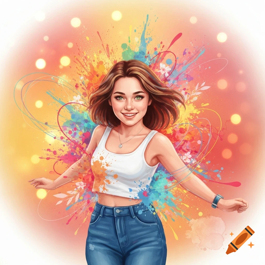 Vibrant illustration of a young woman with brown hair, white crop top, and jeans, smiling amidst colorful paint splatters and bokeh.