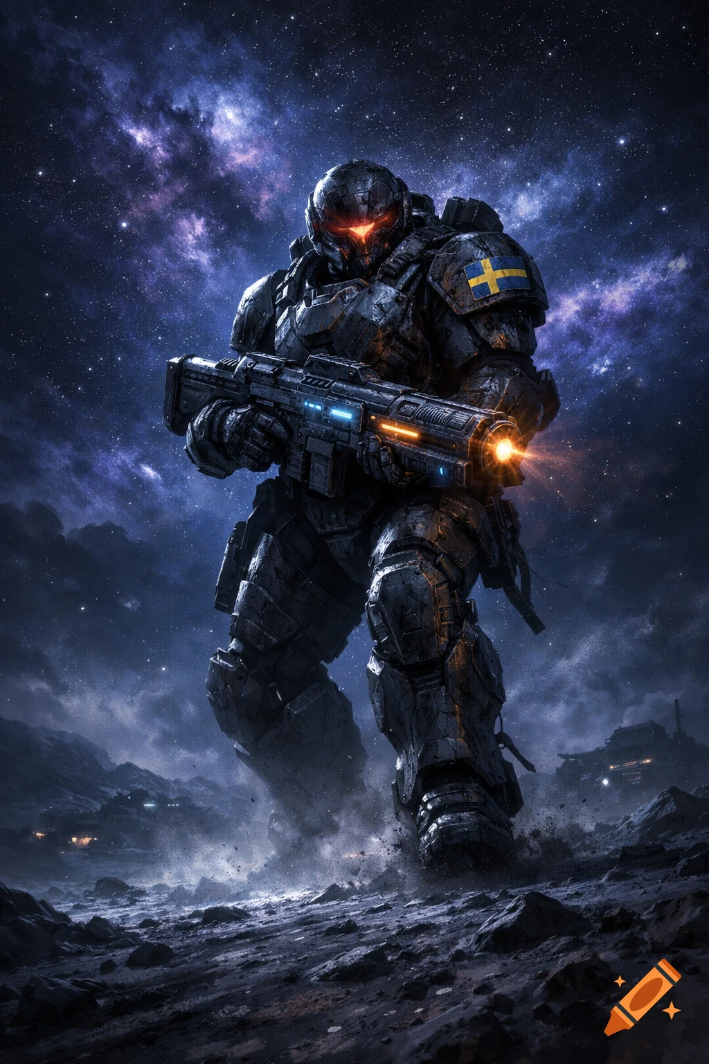 A heavily armored space soldier with glowing red eyes and a large futuristic gun stands on a rocky alien planet under a vibrant galaxy.