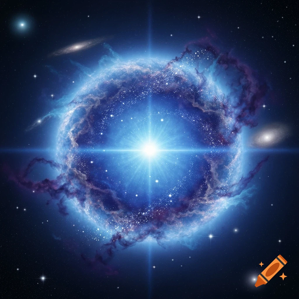 A vibrant blue nebula glows with a bright central star, surrounded by cosmic dust, distant galaxies, and sparkling stars in deep space.