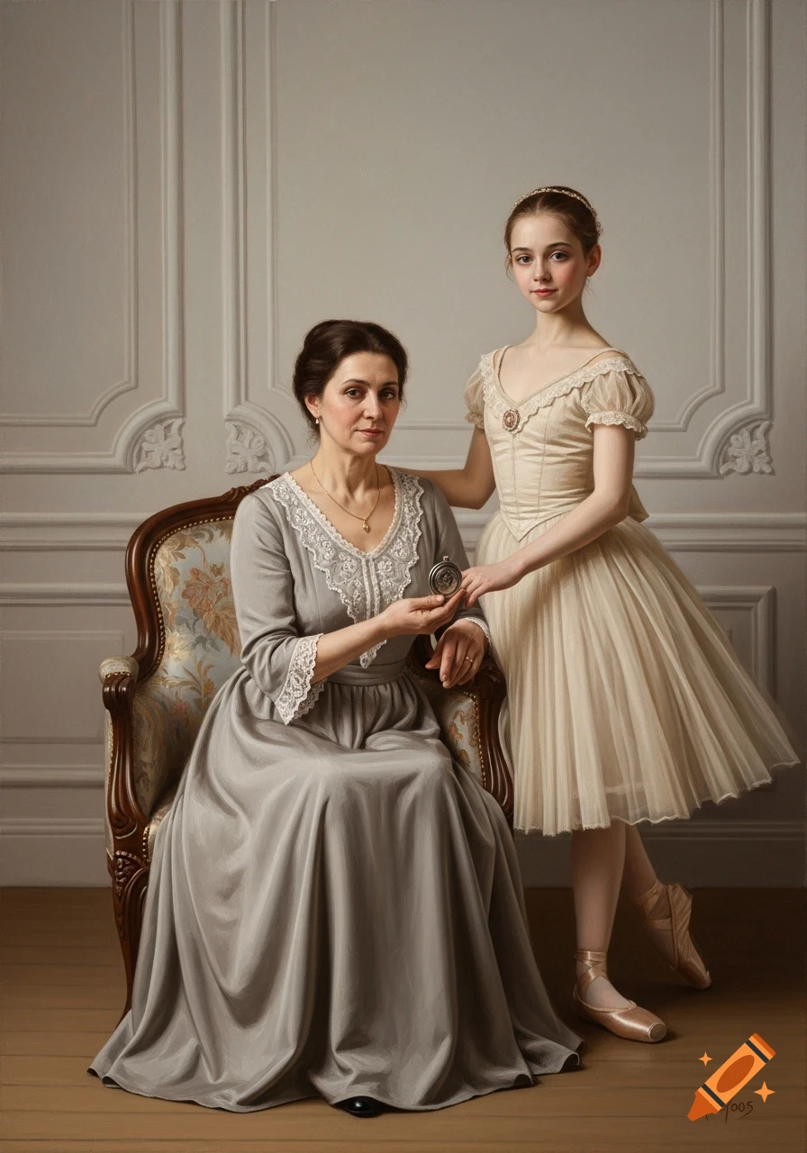 Oil painting of a seated mother holding a locket and her standing daughter in a ballet dress, in a classical portrait style.