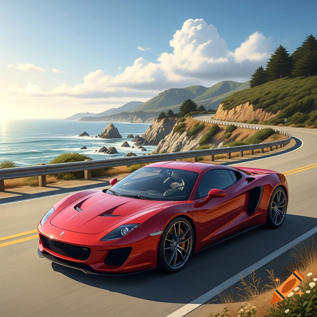 A red sports car drives on a scenic coastal highway overlooking the ...