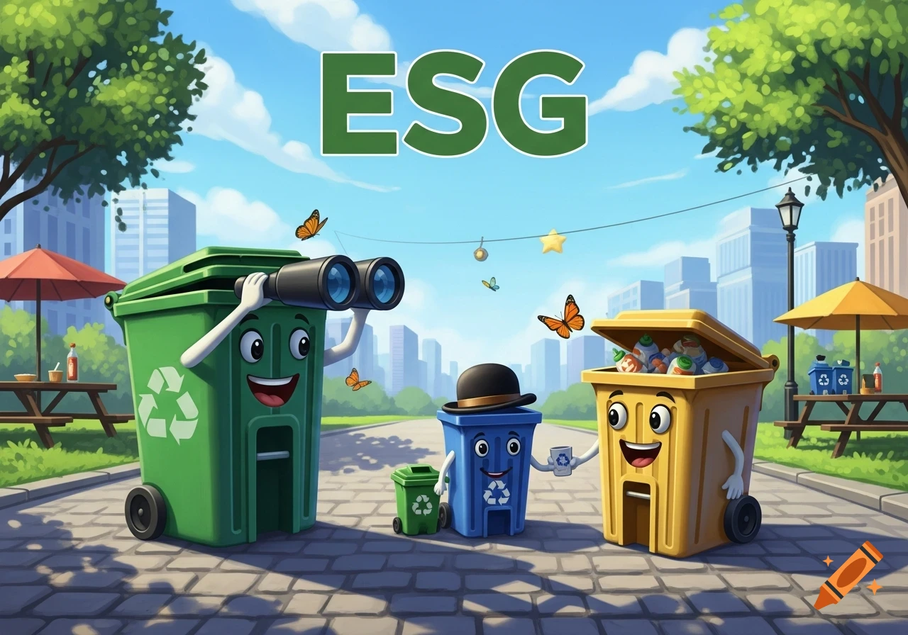 Cartoon recycling bins with faces in a park. A green bin holds binoculars, a blue bin wears a hat, and a yellow bin is full. 'ESG' text above.