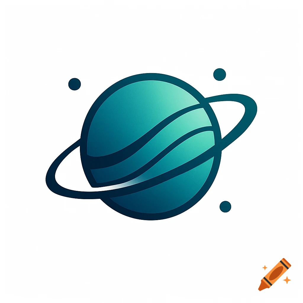 Stylized blue and green planet logo with rings and small dots on a white background.