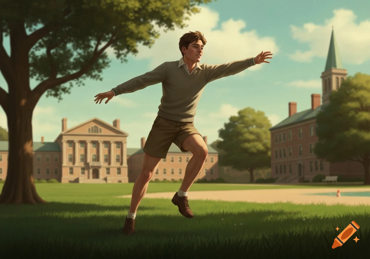Young man in a sweater and shorts running across a green college campus lawn with large buildings.