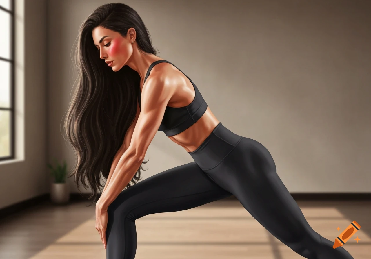 Illustration of a long-haired brunette woman in black yoga attire, with rosy cheeks, stretching in a studio.