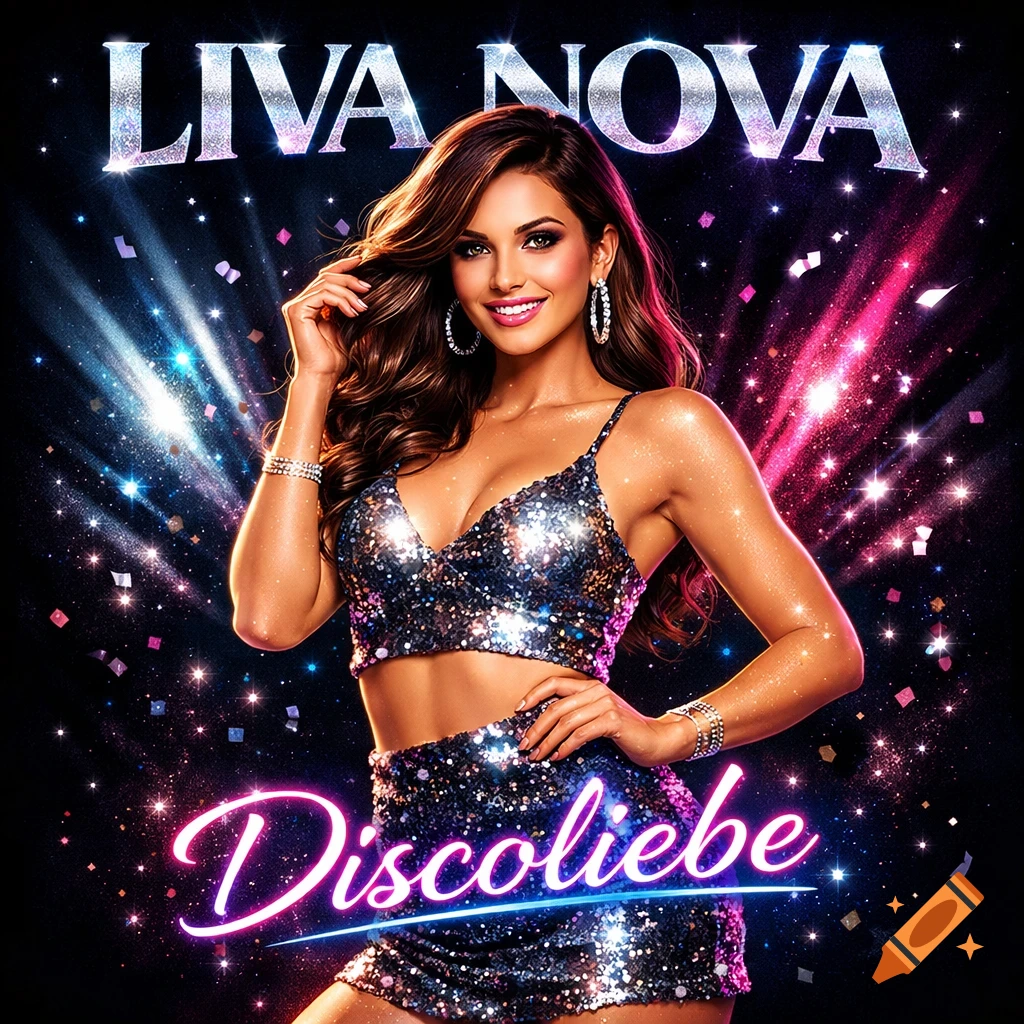 A smiling woman in a sparkly crop top and skirt poses against a starry, sparkling background. Text reads 'LIVA NOVA' and 'Discoliebe'.