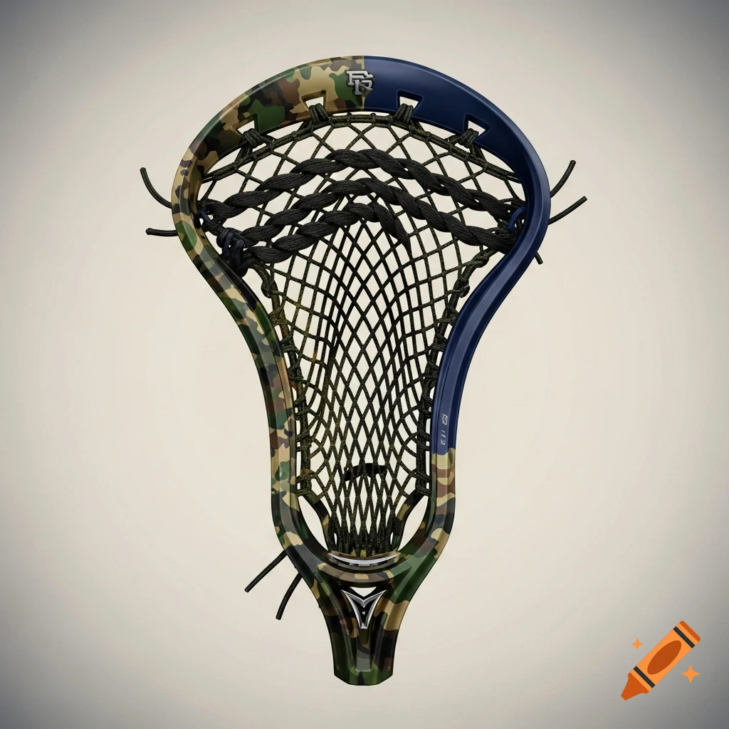 A close-up, photorealistic render of a lacrosse head featuring a camouflage pattern blending into a navy blue top portion, set against a light background.