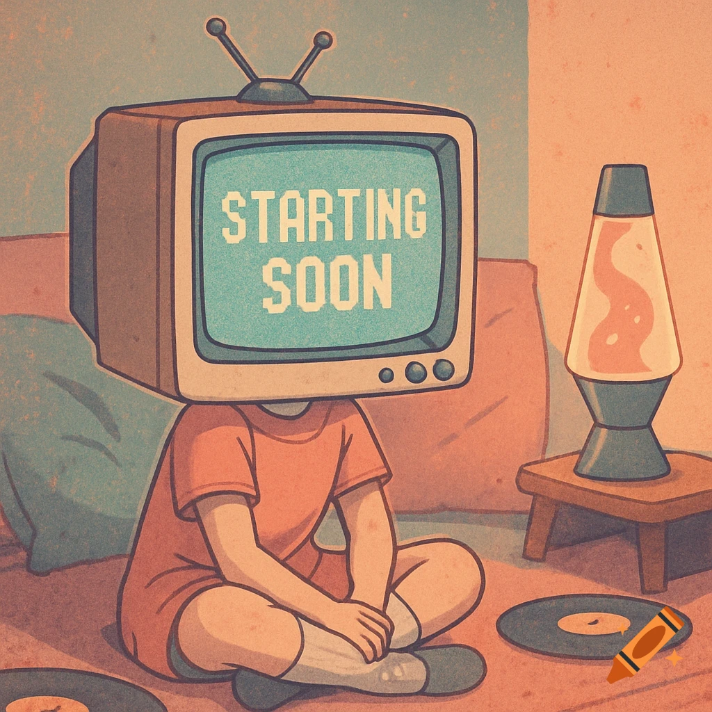 Retro digital art of a person with a TV head displaying 'STARTING SOON', sitting on the floor by a lava lamp.