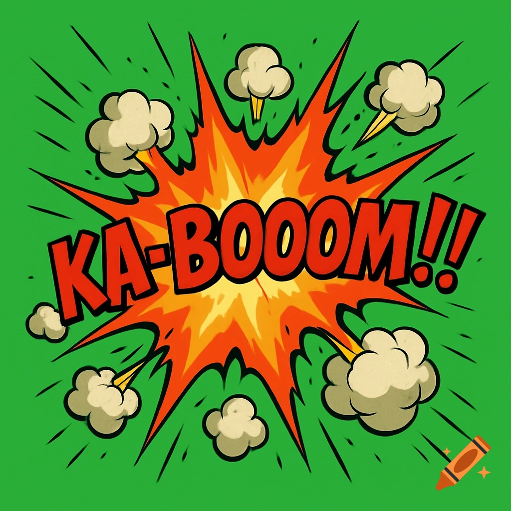 Comic book style explosion graphic with red and yellow 'KA-BOOOM!!' text and smoke clouds on a green background.