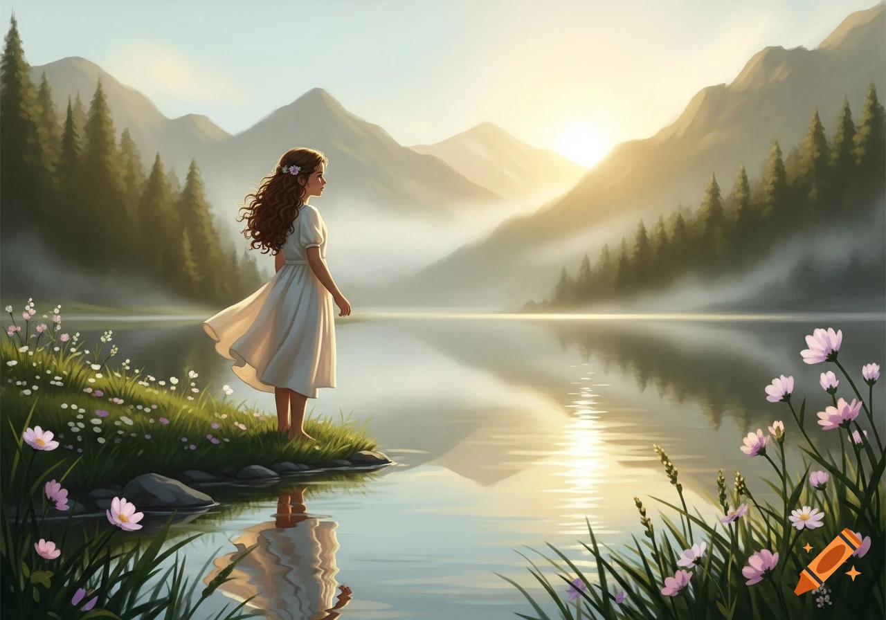 An illustrated girl in a white dress stands by a misty mountain lake at sunrise, surrounded by flowers.