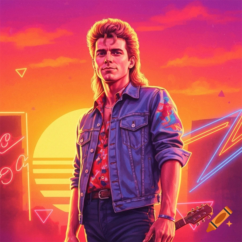 Man with a mullet and denim jacket holding a guitar against a vibrant synthwave sunset.