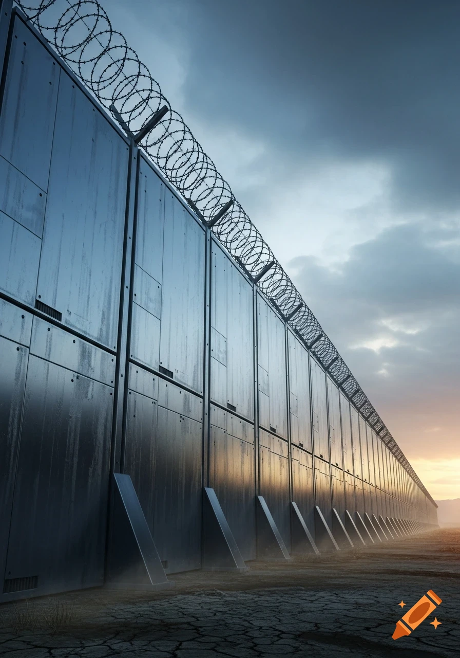A towering metal wall topped with barbed wire stretches into the distance under a dramatic cloudy sky with a sunset glow, ground cracked.