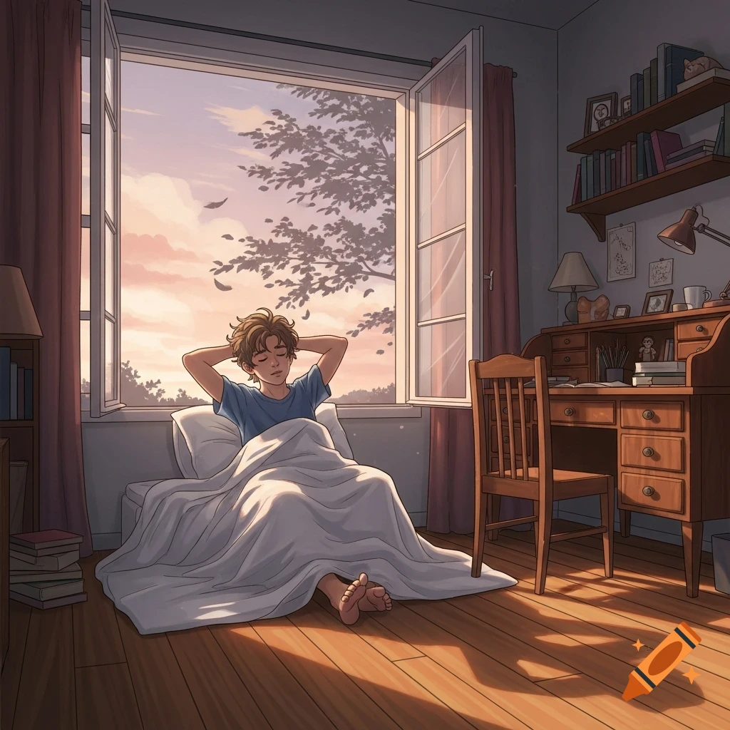Anime illustration of a boy stretching in bed by an open window during sunrise, light streaming into his peaceful bedroom.