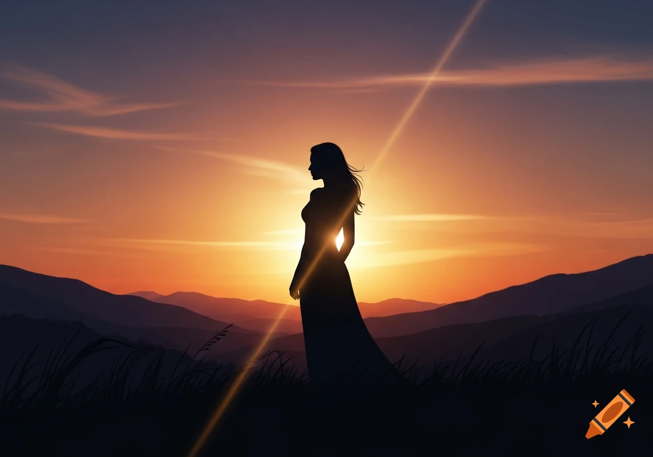 A woman's silhouette against a vibrant orange and purple sunset over mountains and a field.