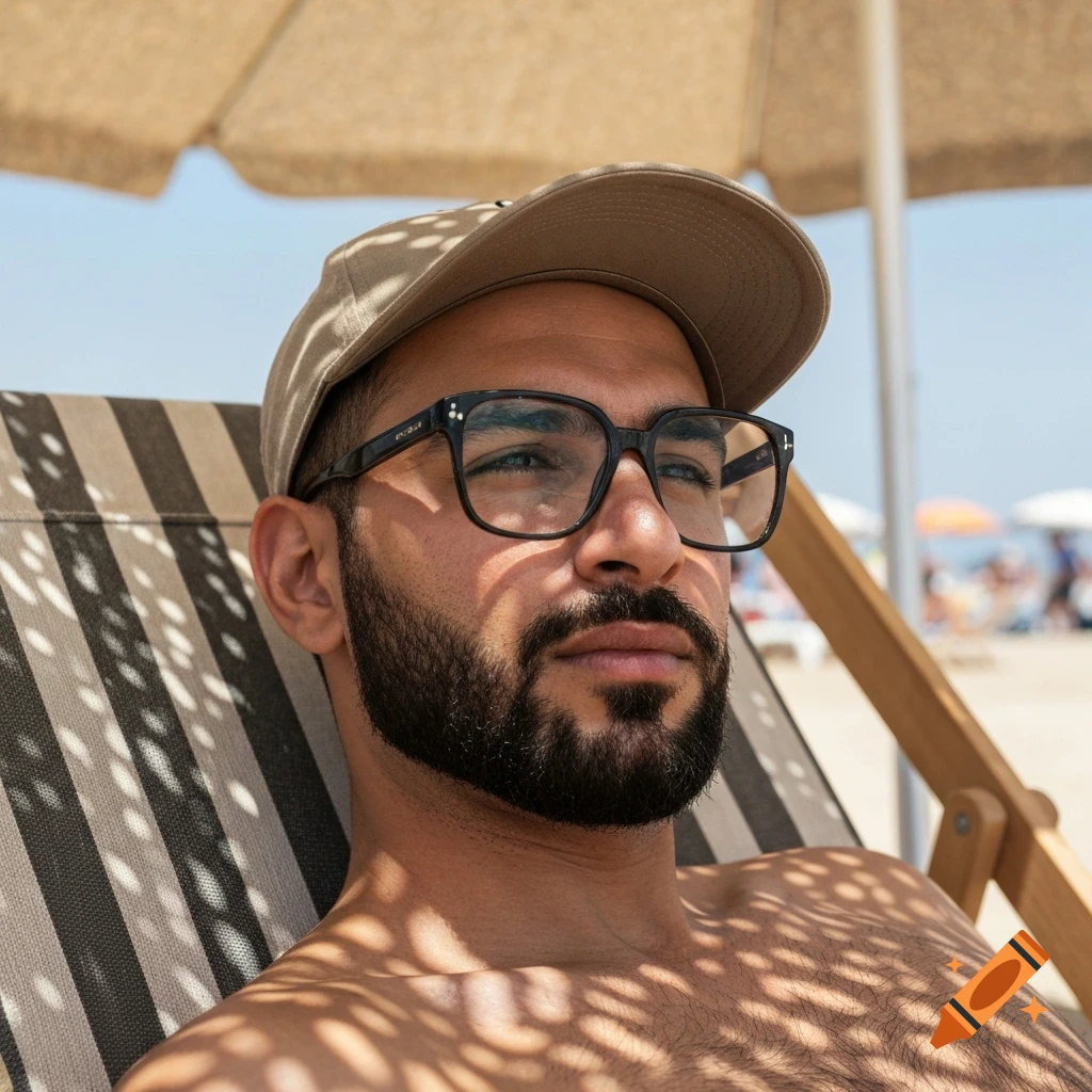 A photorealistic close-up of a bearded man in a cap and glasses, relaxing in a striped lounge chair under a beach umbrella on a sunny day.