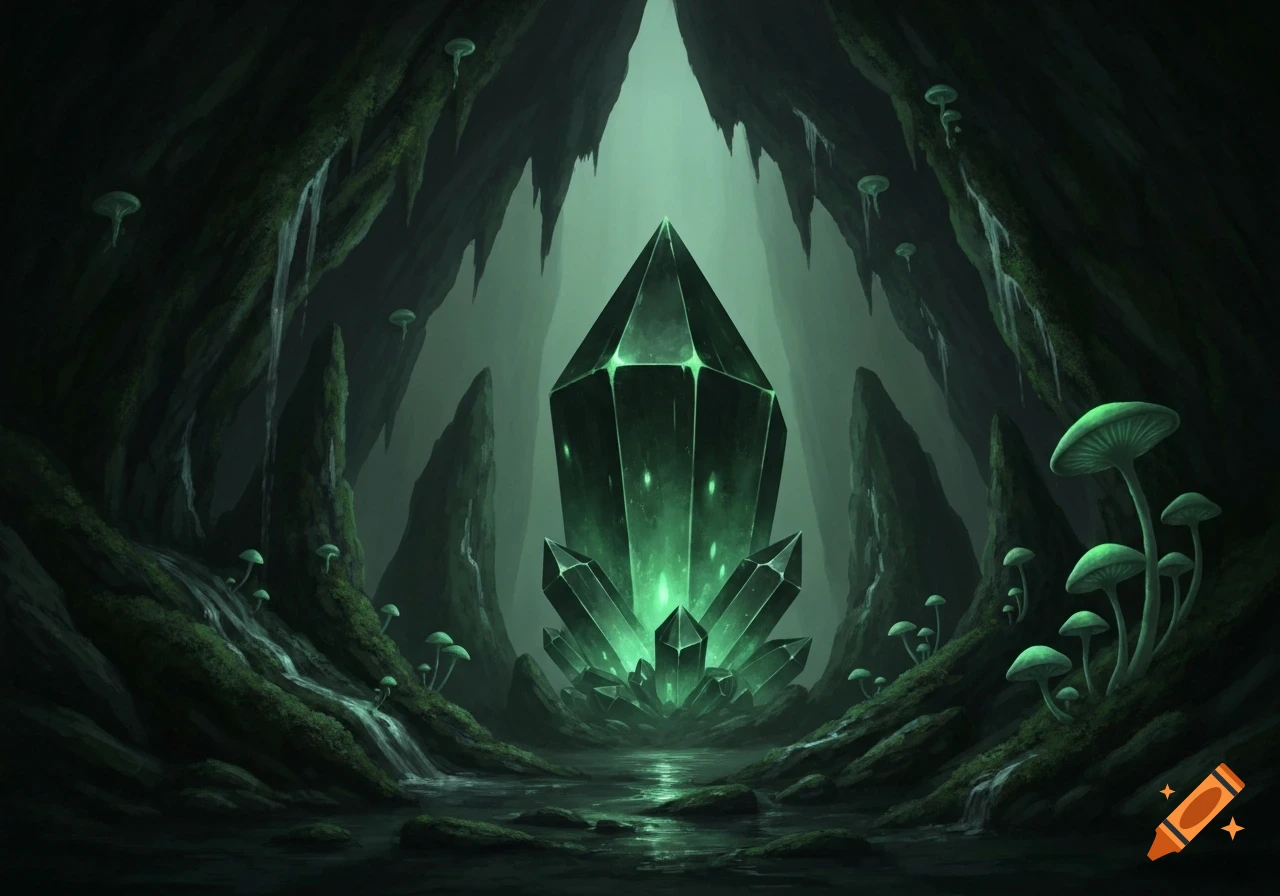 A large, glowing green crystal in a dark, mossy cave with green mushrooms and a reflective pool, digital painting.