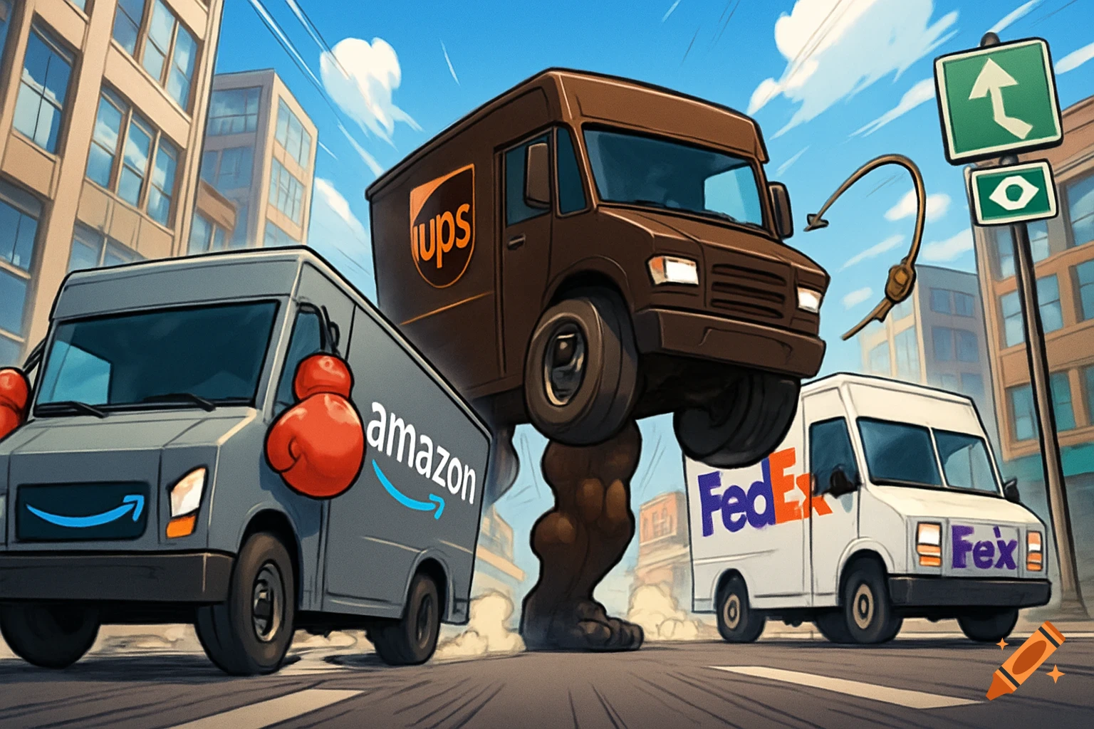 Anime-style illustration of an Amazon truck with boxing gloves, a UPS truck flexing its wheels, and a FedEx truck with a rope, in a comedic street rivalry.
