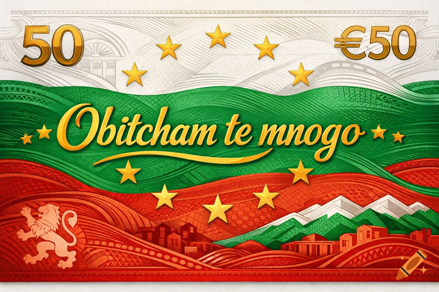 A stylized 50 Euro banknote illustration in Bulgarian flag colors with 'Obitcham te mnogo' text, European stars, a lion, cityscape, and mountains.
