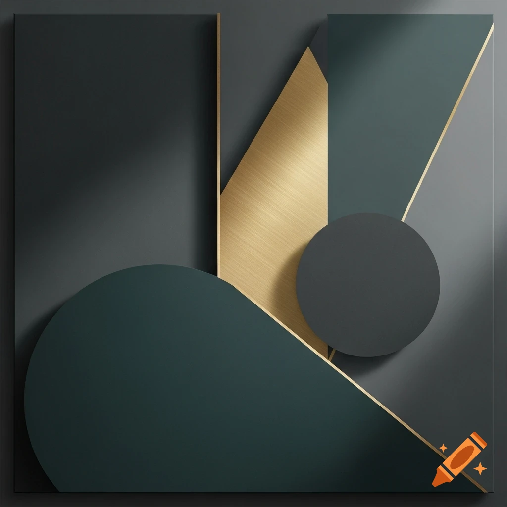 Abstract geometric composition with dark green, dark gray, and brushed gold shapes, minimalist style.